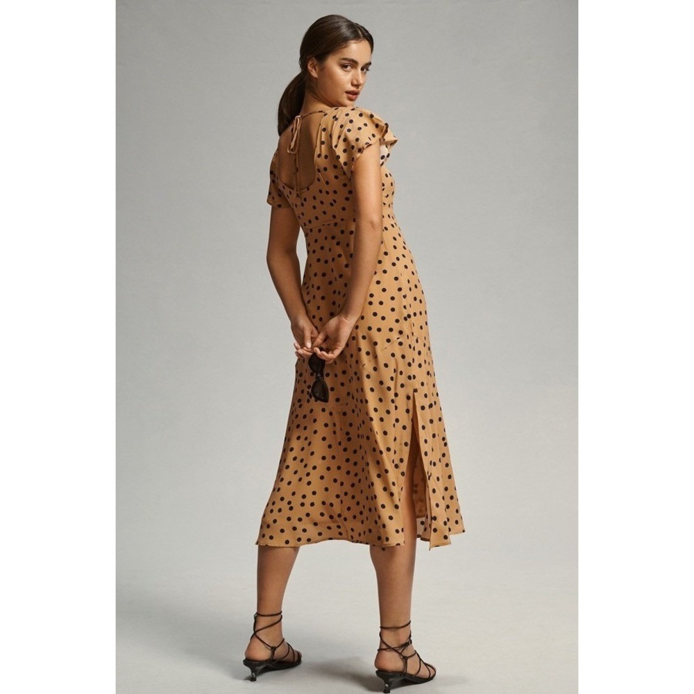 Maeve Anthropologie Polka Dot Midi Dress Tan Navy Blue Flutter Sleeve Size 4